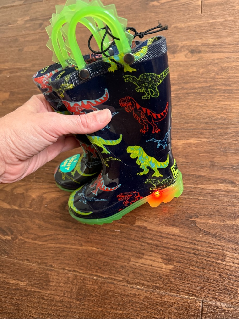 Kids' Navy Dinosaur Light-Up Rain Boots - Green Trim
